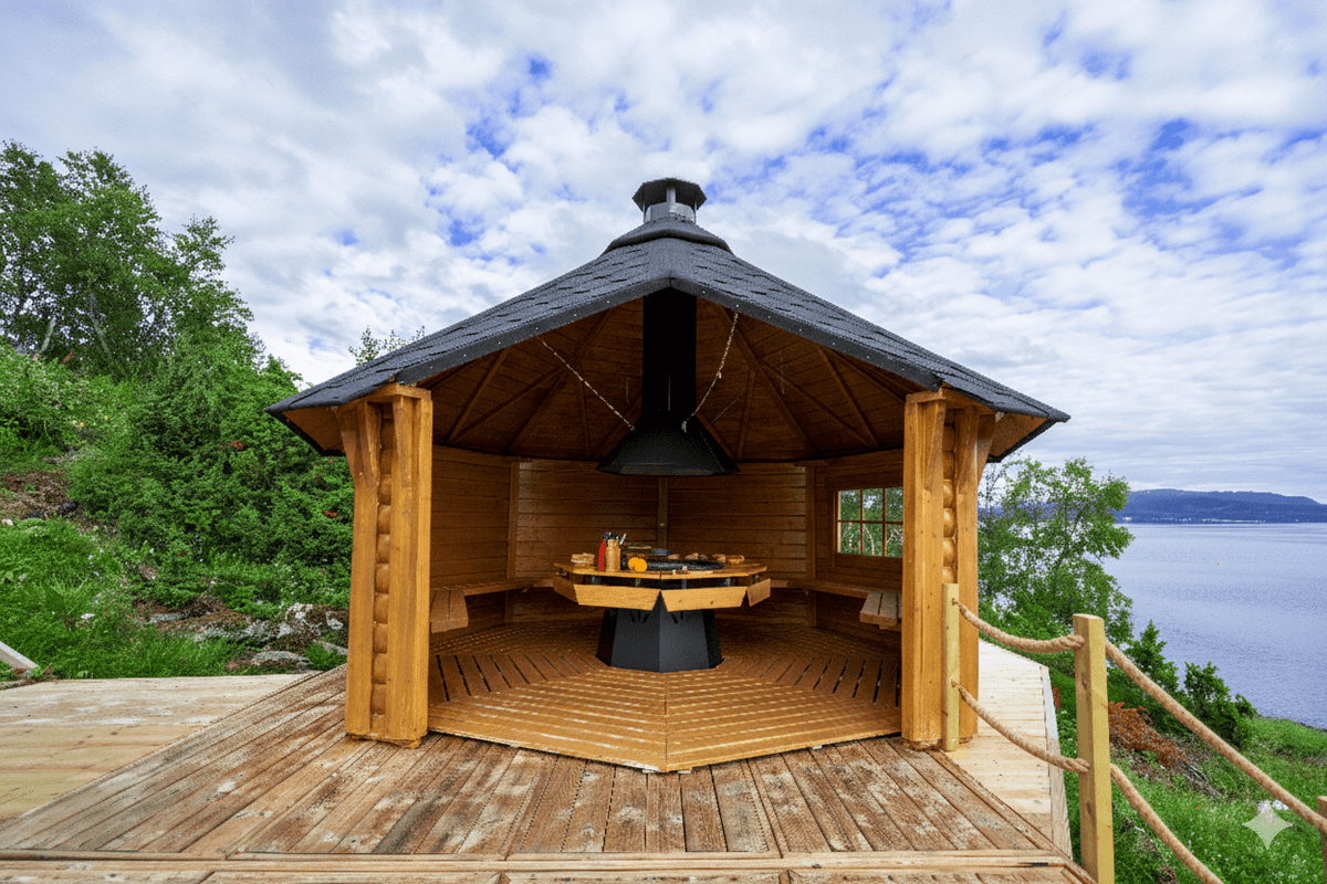 Gapahuk / Shelter 12 m2 Royal med grill og bænke - Buet væg